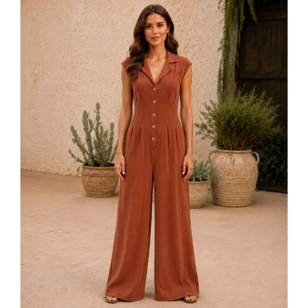 Free People FP Beach Shasta One Piece Wide Leg Jumpsuit Copper S Button Front